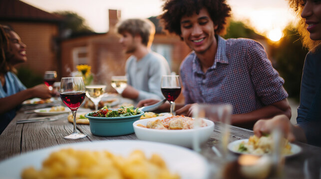 Diverse group of friends enjoying an outdoor dinner party with food and wine on a rustic table.
- Powered by Adobe