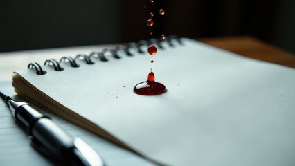 Pen and a notebook with a red drop of ink on the page. The ink drop is small