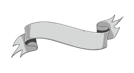 Gray cartoon ribbon banner with curled ends and dark outline, blank space