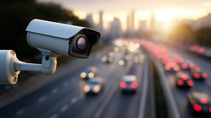 Surveillance camera monitoring a busy highway during sunset with blurred car lights in the background.
