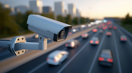 Surveillance camera monitoring a busy highway during sunset with blurred car lights in the background.

