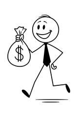 A smiling stickman walks holding a money bag, symbolizing success, wealth, and financial gain.