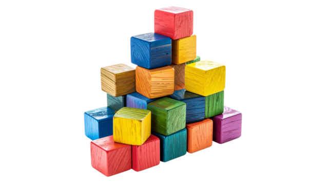 Colorful wooden toy blocks in various shapes for creative building and child's play