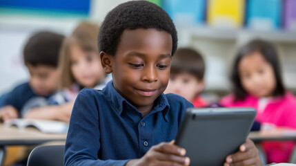 Focused young boy using a digital tablet in a classroom setting, with other children in the background.
