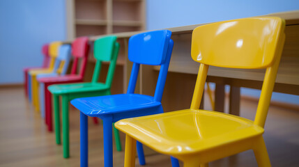 Row of colorful children's chairs lined up next to a table in a bright and cheerful classroom or kindergarten.
