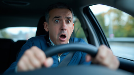 Shocked man gripping the steering wheel tightly while driving, expressing fear or surprise in a traffic situation.
