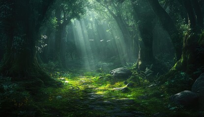 Obraz premium Sunlit path through a deep, lush forest