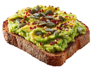 Delicious avocado toast with seeds and spices on dark bread close up shot on transparent background