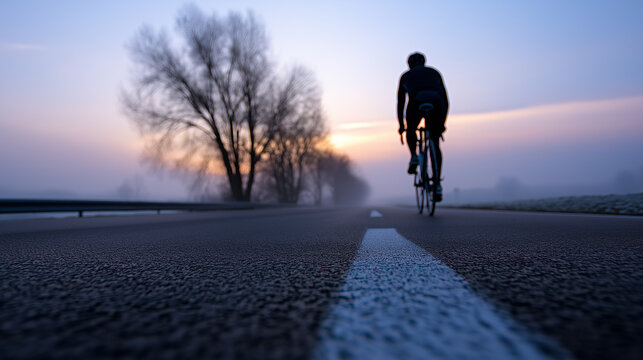 Cyclist riding on an empty road at dawn through misty countryside with the sun rising in the background.
