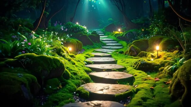Glowing Stone Path In Enchanted Forest At Night