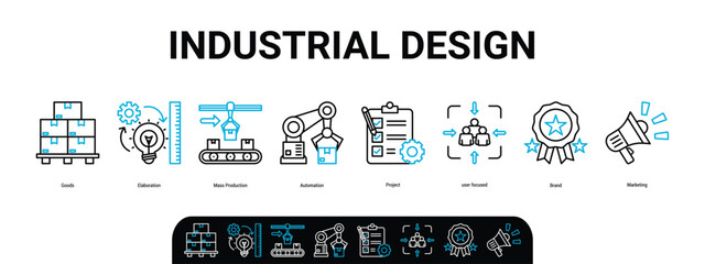 Industrial design concept with icons. Goods, elaboration, mass production, automation, project, user focused, brand, marketing. Business banner. 