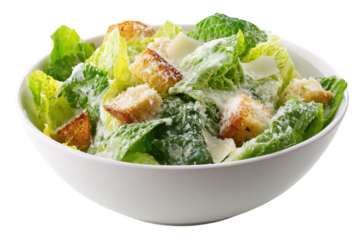 Delicious caesar salad with croutons and parmesan cheese in white bowl fresh on transparent background