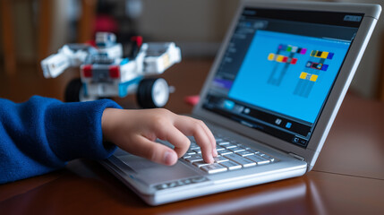 Child coding a robot using laptop with visual programming interface.

