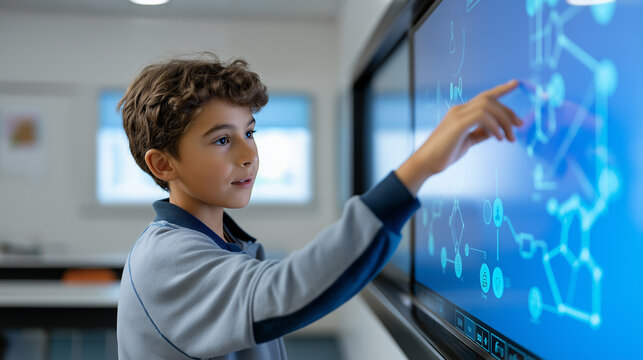 Schoolboy interacting with a large touchscreen display showing scientific graphics in a modern classroom.  
