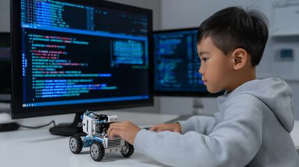 Child coding a robot using laptop with visual programming interface.
