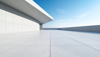 Fototapeta premium Modern architecture with empty cement floor and curved wall under clear blue sky, minimal exterior design with smooth concrete surface and open space