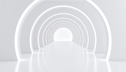 Naklejka premium Futuristic white tunnel with glowing circular arches and reflective floor, creating clean and modern abstract space with bright light at end, evoking sense of depth and infinity