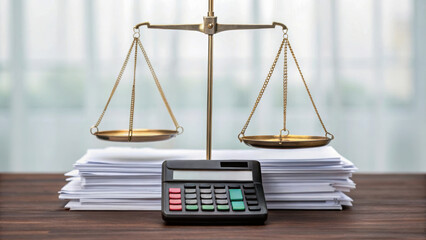 A brass balance scale and a calculator sit on a stack of documents on a wooden desk, symbolizing law, justice, and finance. financial fairness, tax deal compliance