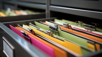 Close-up of colorful hanging file folders in an open filing cabinet drawer, showing organized office documents.
