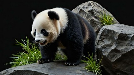 Fototapeta premium Adorable Young Giant Panda Standing on Rocks with Lush Green Plants