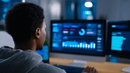 Focused programmer coding on computer in dark room with glowing screens.  
