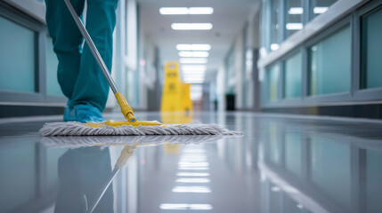 Hospital janitor mopping a shiny hallway floor with a caution sign in the background.  
