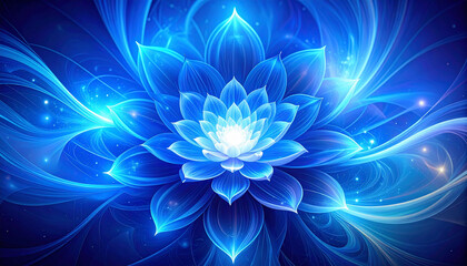 Obraz premium Bright blue lotus flower glowing with light and swirling abstract background, creating mystical and vibrant atmosphere with firefly like sparkles