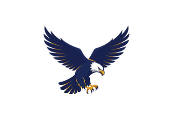 Fototapeta premium Eagle in flight logo, sharp wings and bold lines, flat vector style, navy blue and gold colours.