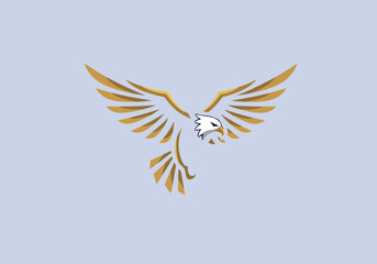 Eagle in flight logo, sharp wings and bold lines, flat vector style, navy blue and gold colours.