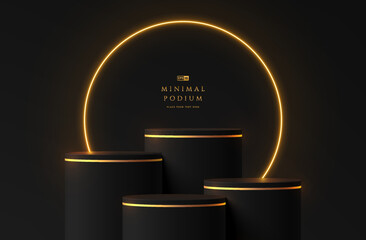 3D background with set of realistic black cylinder product podium with golden ring neon lighting. Abstract composition in minimal design. Platforms mockup product display presentation. Stage showcase.