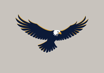 Eagle in flight logo, sharp wings and bold lines, flat vector style, navy blue and gold colours.