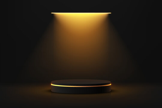 3D black round podium background with golden ceiling neon lighting. Abstract composition minimalist design. 3D Studio display showroom cosmetic product pedestal, Fashion stage showcase mockup scene.