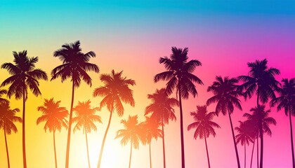 Fototapeta premium Tropical palm tree silhouette with vibrant colorful sunset sky background creating warm and relaxing atmosphere in nature