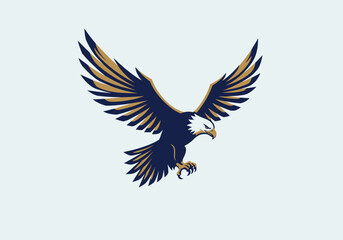 Fototapeta premium Eagle in flight logo, sharp wings and bold lines, flat vector style, navy blue and gold colours.