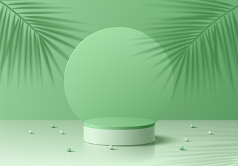 3D green podium background with palm leaf shadow and circle backdrop. Abstract geometric composition minimalist design. Studio display showroom product pedestal, Fashion stage showcases mockup scene.