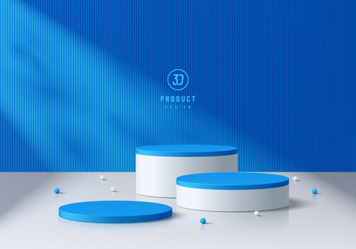 3D round podium set background in blue color with beads ball decorate. Abstract composition in minimal design. Studio showroom product pedestal, Fashion showcase mockup scene. Vector showcase design.