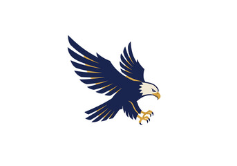 Eagle in flight logo, sharp wings and bold lines, flat vector style, navy blue and gold colours.