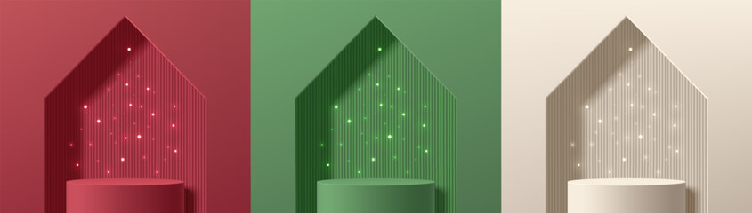 Set of 3D abstract background with red, cream, green realistic cylinder podium. Neon bulb light in triangles christmas tree. Vector mockup product display. New year minimal wall scene. Stage showcase.