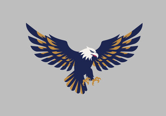 Eagle in flight logo, sharp wings and bold lines, flat vector style, navy blue and gold colours.