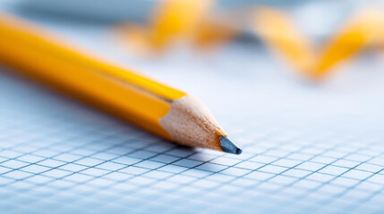 Close up of yellow pencil resting grid paper, showcasing its sharp tip and wooden texture