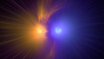 Obraz premium Two glowing orbs in orange and blue radiate light with dynamic streaks, creating abstract cosmic energy effect with vibrant color contrast and motion blur