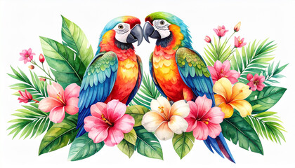 Fototapeta premium Two colorful parrots surrounded by tropical flowers and green leaves create vibrant and lively composition full of natural beauty and bright colors