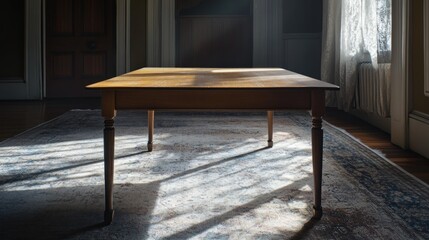 Vintage wooden dining table in sunlit room