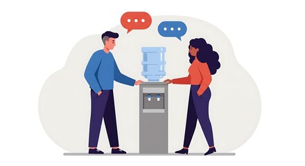 Flat Style Illustration of Two Colleague Talking near Water Cooler Machine