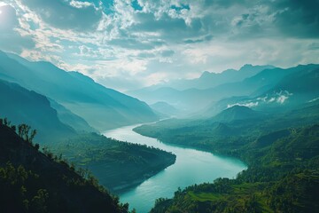 Obraz premium Majestic mountains and flowing river create a timeless landscape in tranquil nature setting, the beauty of mountains and rivers seamless time lapse virtual Photo Background