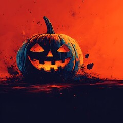 Halloween pumpkin glows in orange background