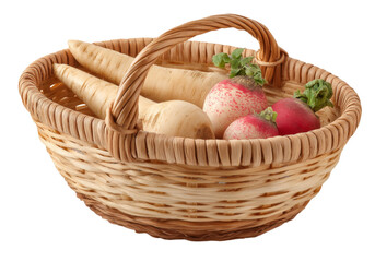Basket of Assorted Root Vegetables Including Beets, Radish, and Turnips, On Transparent Background, Png