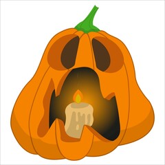 Cartoon drawing of pumpkin with candle inside for halloween, hand drawn vector drawing of scary and funny pumpkin for halloween with scary face.