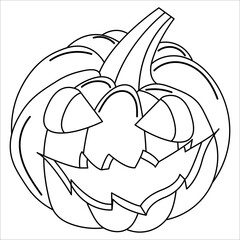 Cartoon halloween pumpkin drawing, hand drawn vector drawing of scary and funny halloween pumpkin with scary face. Coloring.