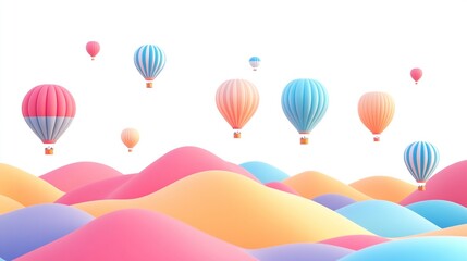 Pastel-colored hot air balloons float above a landscape of smooth, undulating hills in a vibrant array of similar pastel shades against a stark white background